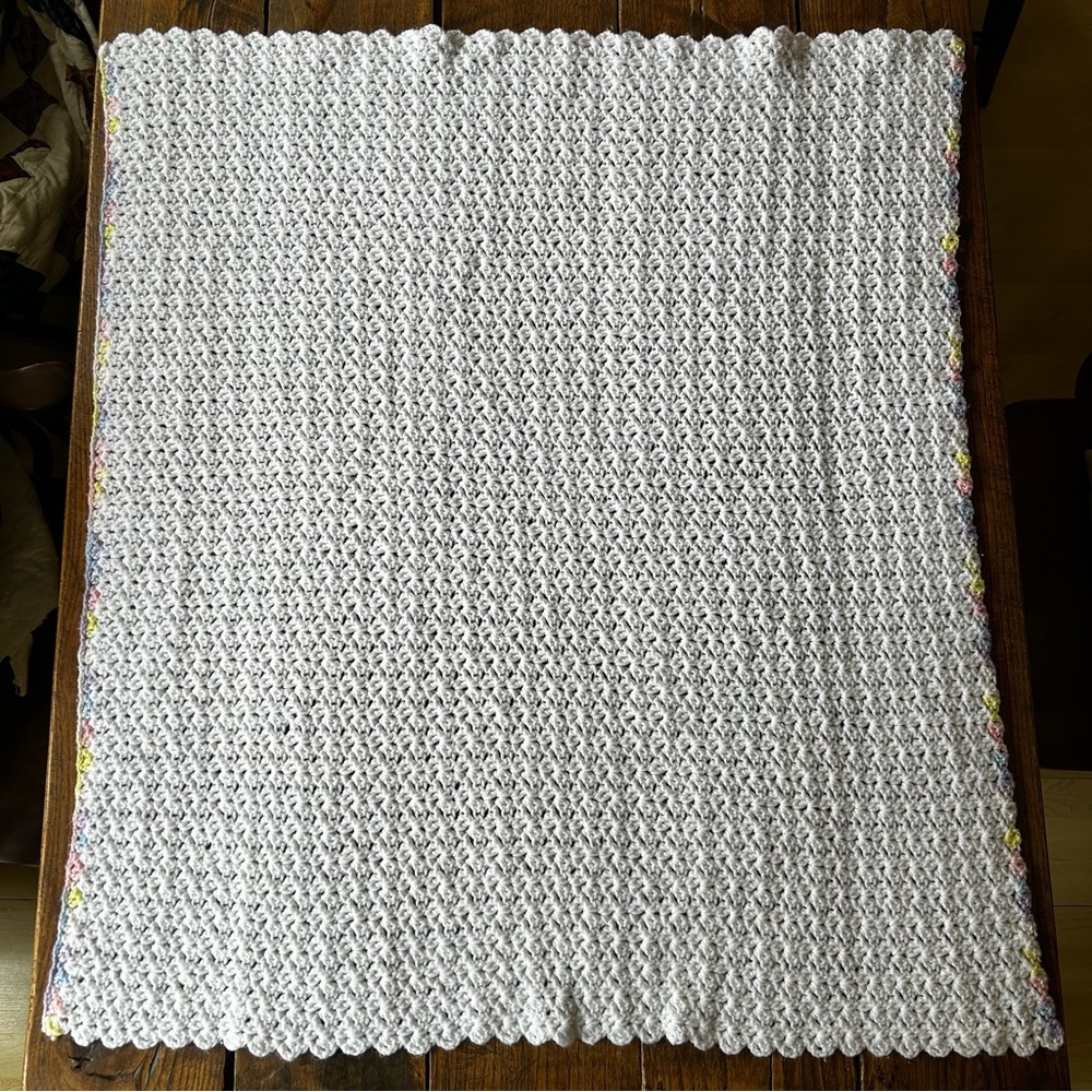 Handmade White Crochet Baby Blanket with Pastel Trim 34x40"